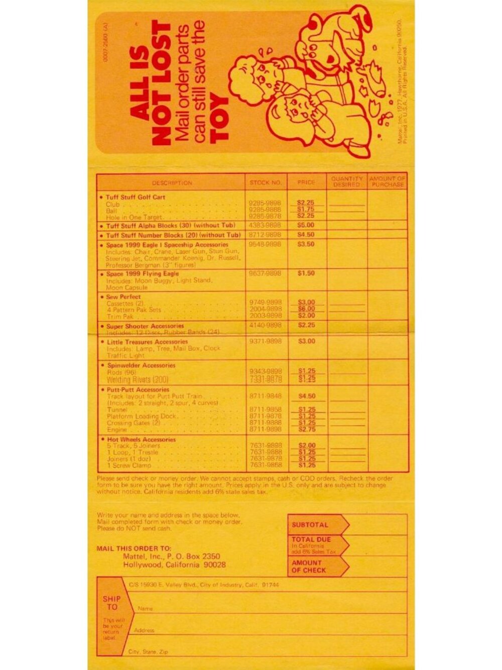 1977 Mattel Mail Order Form Barbie Hot Wheels Space 1999 Vintage Toy Catalog